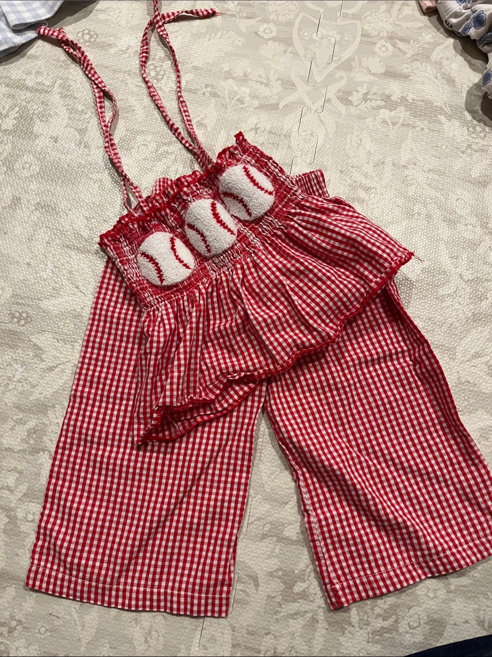 Red Gingham Girls' Baseball Smocked Romper